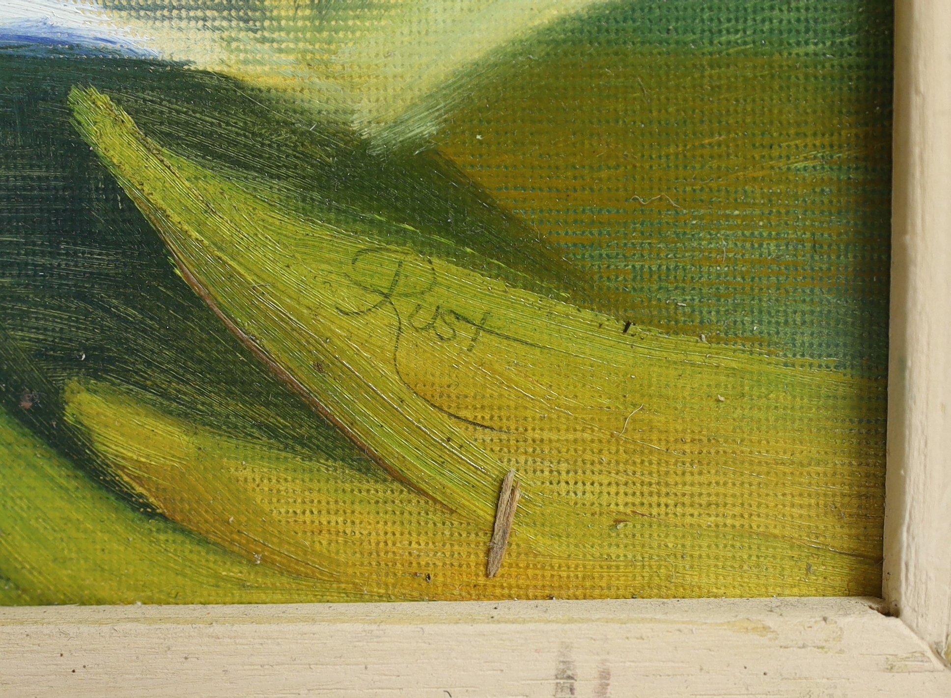 Rosy Rust (contemporary), oil on board, Surrealist landscape, signed and inscribed verso Ham Common, Pond Fantasy, 49 x 39cm